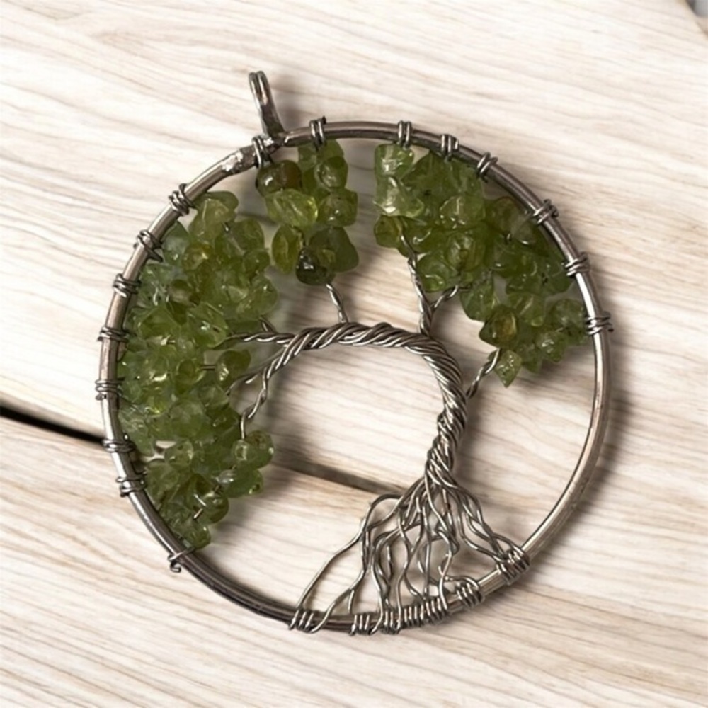 Peridot Tree of Life Pendant Wire Wrapped Gemstone Chip Silver Circle